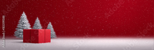 red background with christmas trees and gifts
