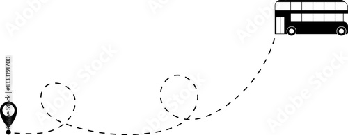 Bus driving on dotted route with map pin. A Bus and dotted line. Dashed line route. Travel navigation routes with dash line path, location pins and bus. Bus icon with line start point set. Bus icon