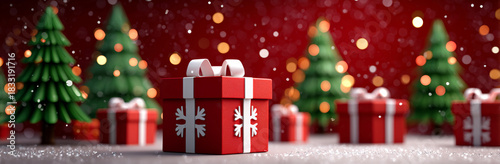 red background with christmas trees and gifts