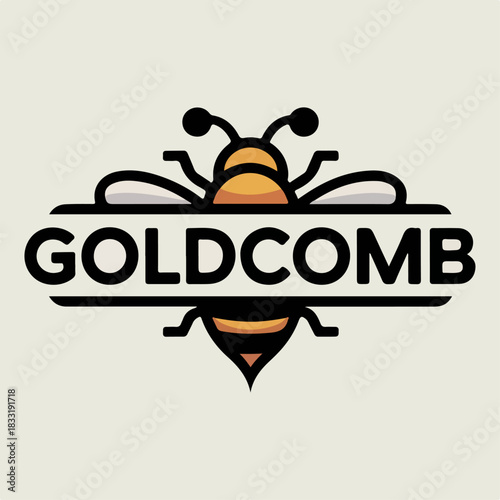 Goldcomb bee logo with stylized honeycomb lines and bold lettering, friendly apiary mascot badge for organic branding, packaging and product labels
