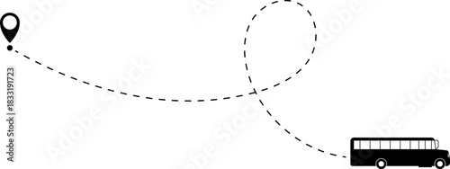 Bus driving on dotted route with map pin. A Bus and dotted line. Dashed line route. Travel navigation routes with dash line path, location pins and bus. Bus icon with line start point set. Bus icon