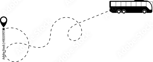 Bus driving on dotted route with map pin. A Bus and dotted line. Dashed line route. Travel navigation routes with dash line path, location pins and bus. Bus icon with line start point set. Bus icon