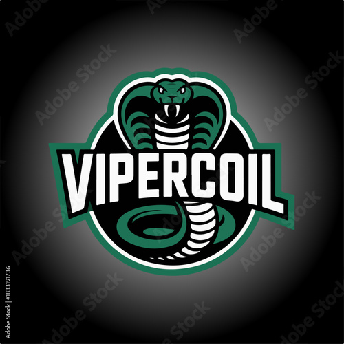 Vipercoil cobra crest logo with coiled snake and flared hood, venomous reptile mascot badge in glowing green, modern esports team branding vector illustration