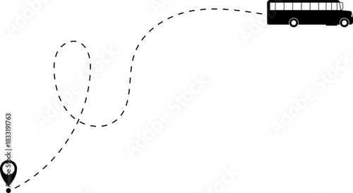 Bus driving on dotted route with map pin. A Bus and dotted line. Dashed line route. Travel navigation routes with dash line path, location pins and bus. Bus icon with line start point set. Bus icon