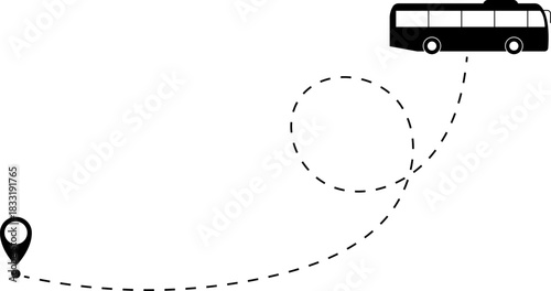 Bus driving on dotted route with map pin. A Bus and dotted line. Dashed line route. Travel navigation routes with dash line path, location pins and bus. Bus icon with line start point set. Bus icon