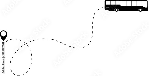 Bus driving on dotted route with map pin. A Bus and dotted line. Dashed line route. Travel navigation routes with dash line path, location pins and bus. Bus icon with line start point set. Bus icon