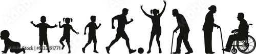 Silhouette progression showing human life stages from infancy to elderly age, development, growth, activity, aging, life journey