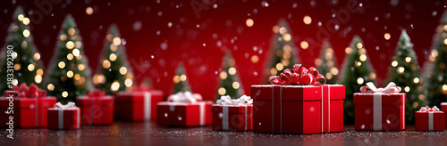 red background with christmas trees and gifts