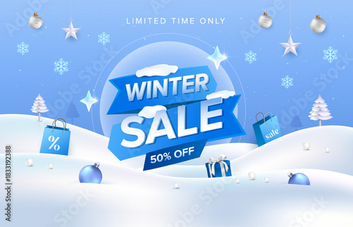 Cool blue arrow style winter sale idea with Christmas gift and snow background. Vector template for product display, greeting cards, promotion banner.