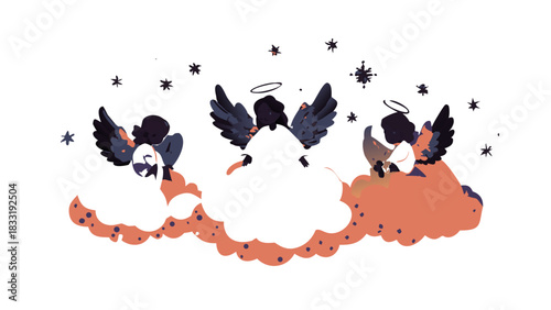 Soft glowing Christmas angels floating in fluffy clouds, golden halos, gentle snowfall, peaceful divine holiday scene filled with warmth and serenity