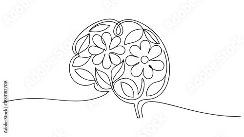 Vintage Human Brain Anatomy Composed of Botanical Flowers and Vines Engraving Illustration