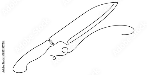 Chef knife line art icon. Hand drawn kitchen utensil sketch with label space.