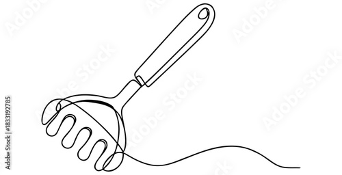 Potato masher kitchen utensil line art. Hand drawn cooking tool sketch with label space.