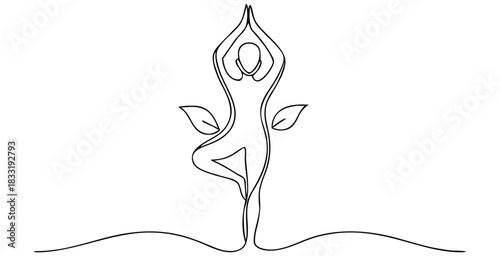 Continuous line tree pose yoga. Minimalist single stroke figure with leaf accent.