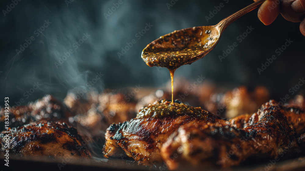 Obraz premium hand pouring sauce in a spoon over food