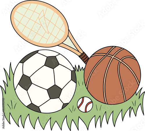 Sports Equipment on Grass Illustration