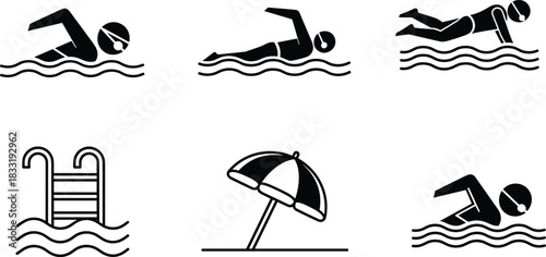 Swimming pool icon set, freestyle, breaststroke, backstroke swimmers silhouettes, pool ladder symbol, beach umbrella icon, water sport symbols, black and white minimalist vector pack for summer