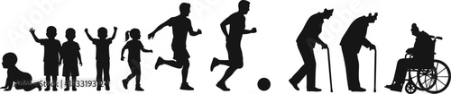 Silhouette timeline showing stages of human life from infancy to old age, growth, development, aging progression, life cycle