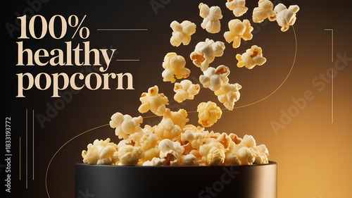Luxurious template for advertising with the text “100% healthy popcorn,” popcorn spilling out of a black box on a dark gold gradient background.  
