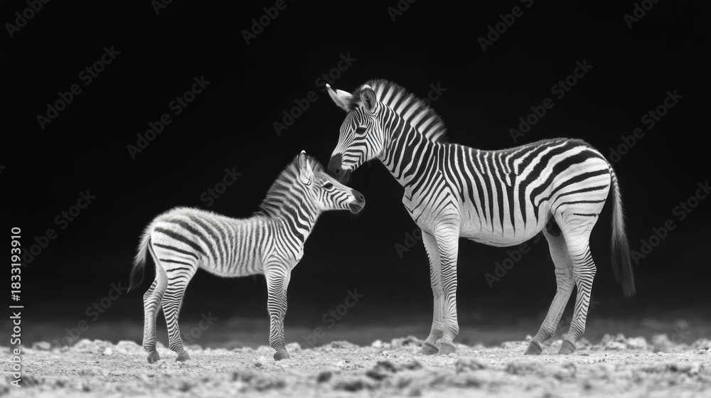 Obraz premium The tender interaction between a zebra and its foal against a dark background perfectly emphasises the theme of family values or natural harmony in documentary projects.