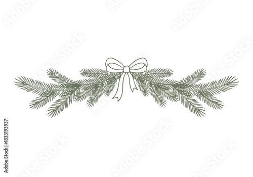 Elegant spruce branch garland with a delicate bow on a pristine white background for festive graphic design projects