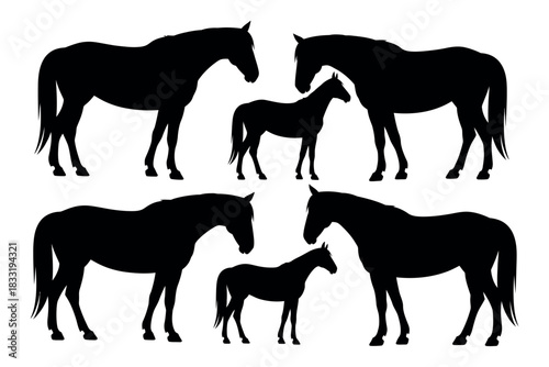 Silhouettes of horses standing in various positions against white background