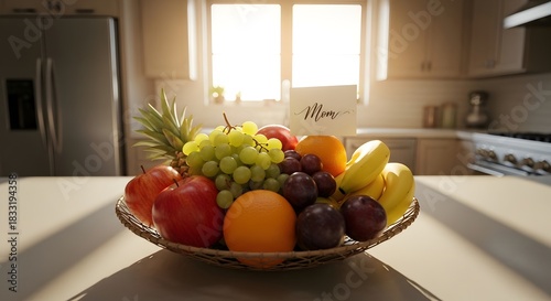 Fototapeta Naklejka Na Ścianę i Meble -  A vibrant bowl of fresh fruits displayed on a kitchen counter in the sunlight. Fruits arranged include apples, grapes, oranges, pineapple and bananas