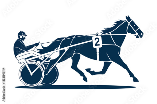 A blue silhouette of a horse and sulky with a driver and the number two on the horse