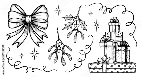 Christmas festive decorations and gifts illustration in black and white.