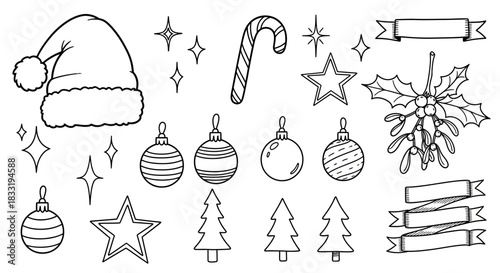 Christmas festive decorations and ornaments in black and white line art.