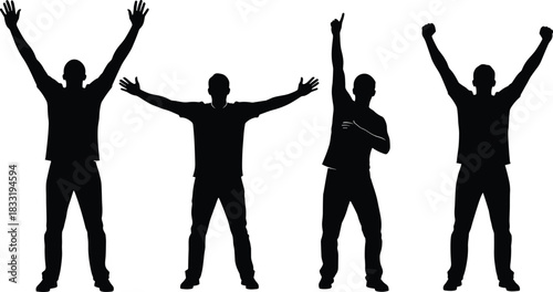 Silhouettes of a man celebrating with raised arms in various victory poses, success, achievement, motivation, triumphant expression