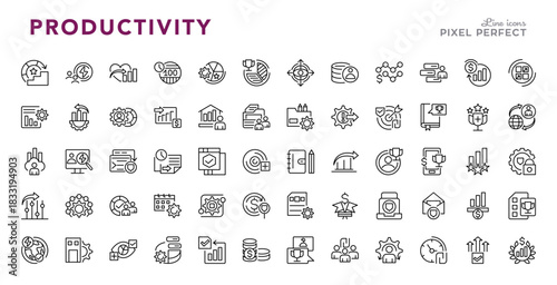 Productivity linear icon set. Containing development, setting, setup, workflow, gear, streamlining, lean processes, time, and editable stroke icons