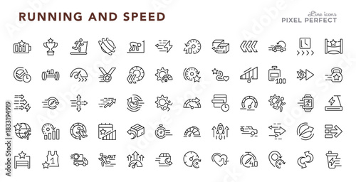 Running and Speed linear icon set. Running sport, marathon, runner, race, finish line, speedometer, stopwatch, editable stroke icons.
