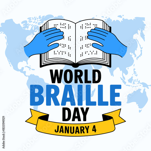 World braille day january 4 celebration graphic featuring blue hands reading an open book with braille text against a light blue world map background