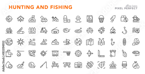 Haunting and fishing line icon set. Fish, fisher, hunt, outdoor, leisure, baitcamp, arrow, point, binoculars, editable stroke icons
