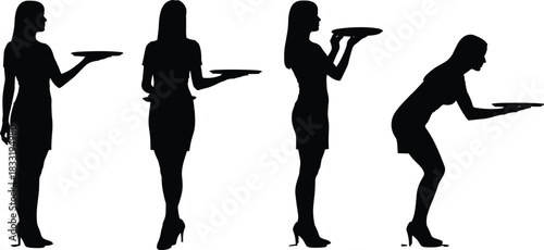 Silhouettes of a waitress holding a serving tray in multiple poses, hospitality service, restaurant work, professional server actions
