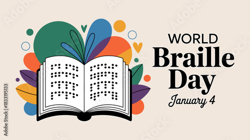 World braille day january 4 celebration graphic featuring an open book with braille text surrounded by colorful abstract shapes and foliage illustration