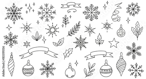 Collection of Hand Drawn Winter Holiday Elements and Ornaments.