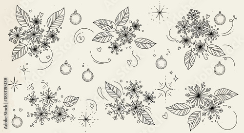 Collection of hand drawn winter floral arrangements with snowflakes and ornaments.