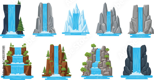 Waterfall illustration set, natural landscapes, rocky cliffs, forest streams, glacier cascades, vector artwork, scenic design, white background
