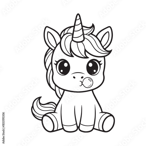 Cute Baby Unicorn Outline Illustration – Kawaii Fantasy Character, Adorable Sitting Unicorn Line Art for Coloring Pages, Cartoon Unicorn with Bubble Gum – Cute Magical Creature Outline