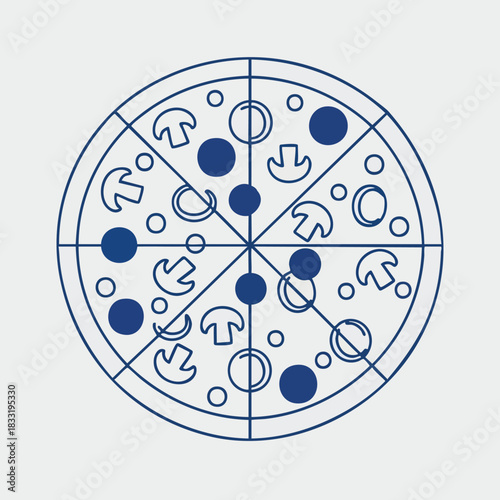 Stylized mushroom and olive pizza illustration on a minimalist grey background representing delicious food for culinary content and restaurant