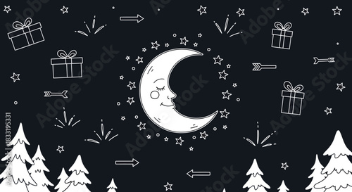 Cute cartoon crescent moon with sleeping face and stars.