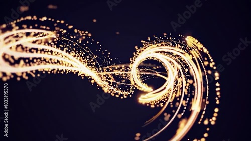 Abstract golden particles spiraling and creating a beautiful light trail against a dark background, representing magic, celebration, and elegant motion for special events and intros