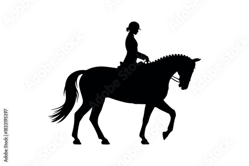 Silhouette of a woman riding a horse in a dressage position on a white background