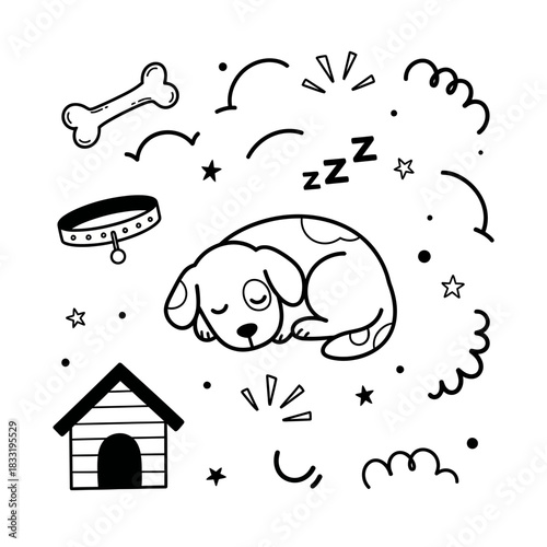 Cute sleeping puppy dog with collar and bone illustration.