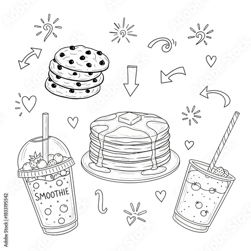 Delicious breakfast treats featuring pancakes cookies and smoothies perfect for enjoyment.