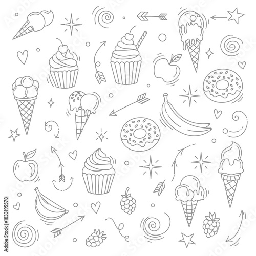 Delicious desserts and fruits doodle art, perfect for sweet treats.