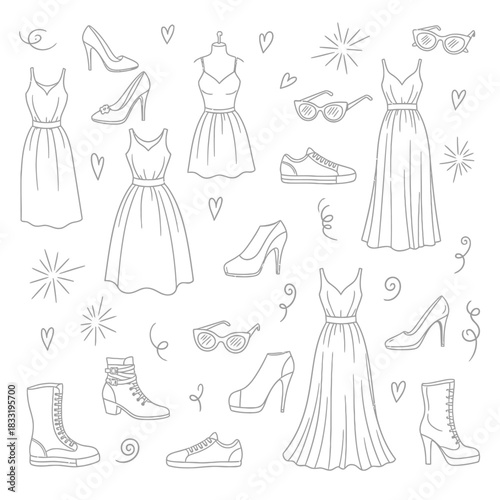 Fashionable Clothing and Accessories Collection in Monochrome Style.