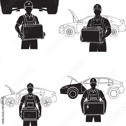 Black vector silhouette of an electric vehicle battery replacement worker carrying a battery module, Clean, modern, and suitable for technical graphics or automotive infographics, minimalistic vector.